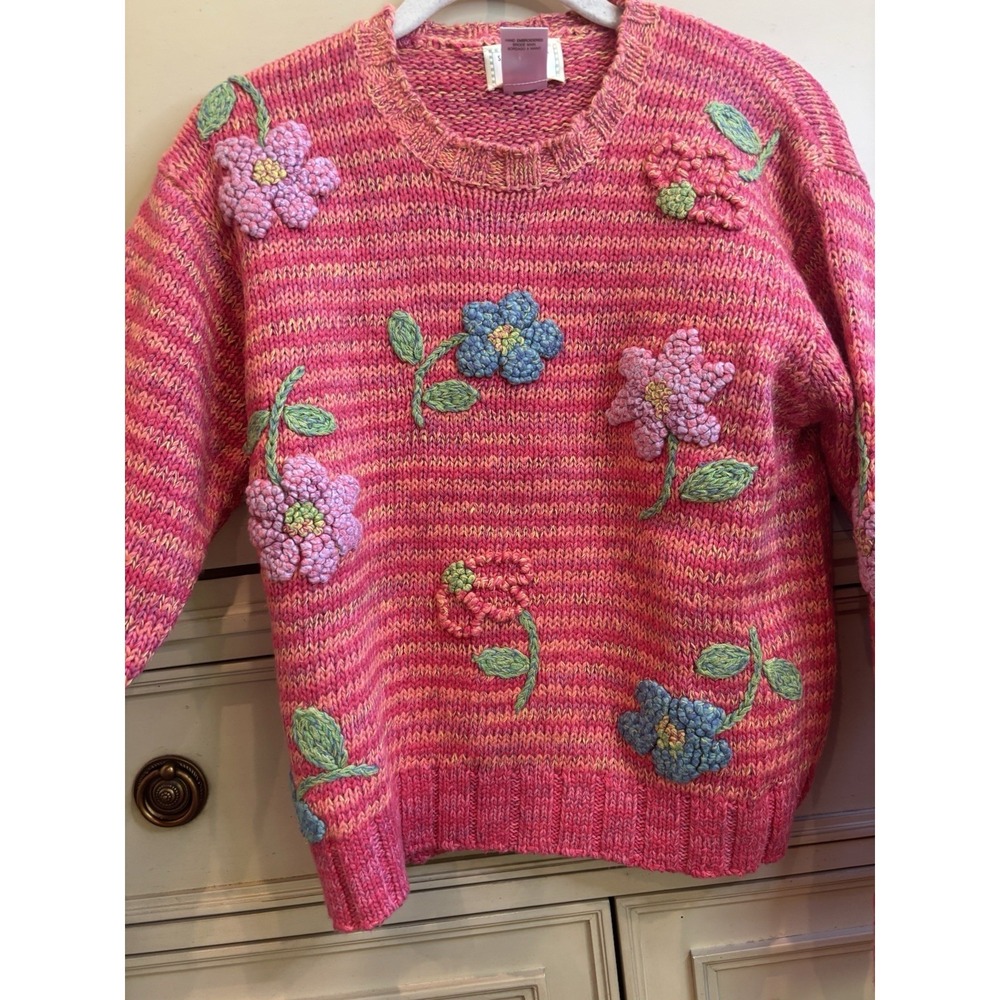 Susan Bristol NWT Embroidered Pink Orange Floral Sweater Small Cotton Striped - Picture 5 of 9
